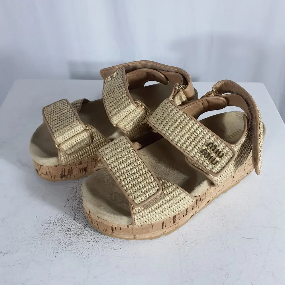 Miu Miu Beige Woven Cork Platform Sandals - Picture 2 of 8
